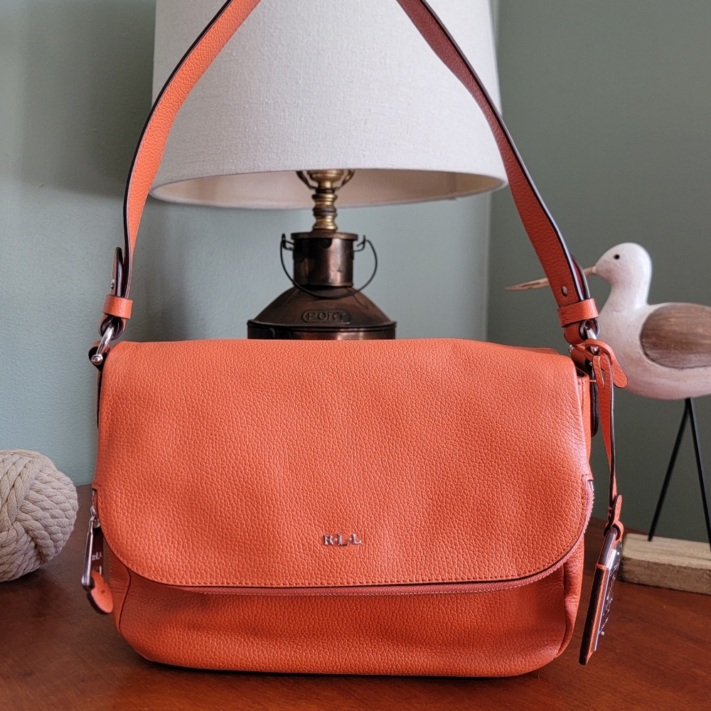Lauren Ralph Lauren Harrington Pebbled Leather Flap Shoulder Bag Orange